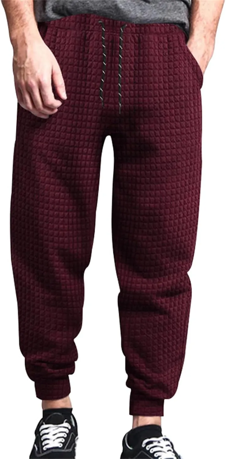 Mens Baggy Waffle Knitted Elastic Waist Drawstring Loose Comfortable Jogger Workout Athletic Lounge Trousers Pants