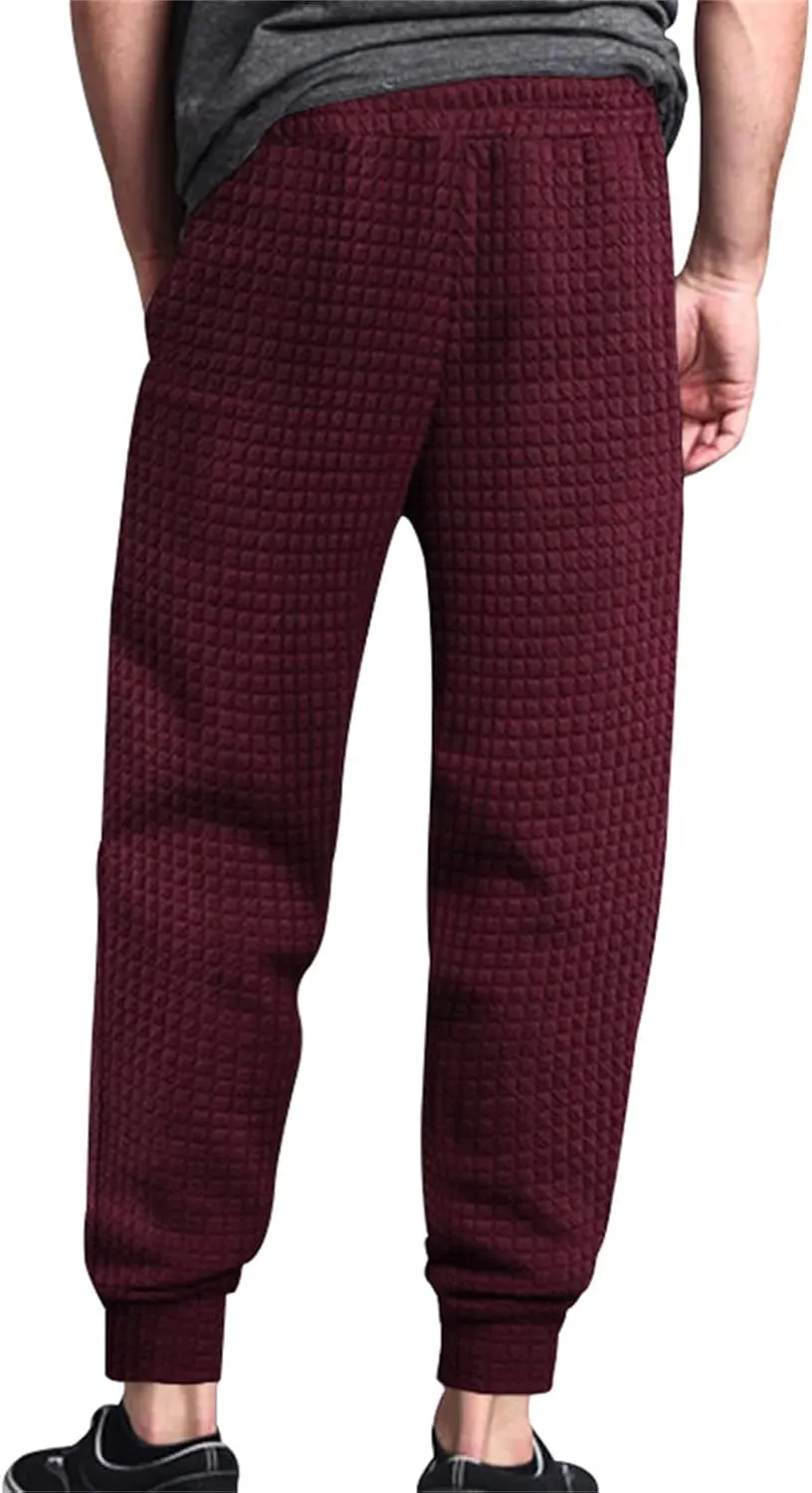 Mens Baggy Waffle Knitted Elastic Waist Drawstring Loose Comfortable Jogger Workout Athletic Lounge Trousers Pants