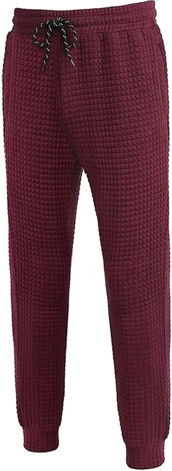 Mens Baggy Waffle Knitted Elastic Waist Drawstring Loose Comfortable Jogger Workout Athletic Lounge Trousers Pants