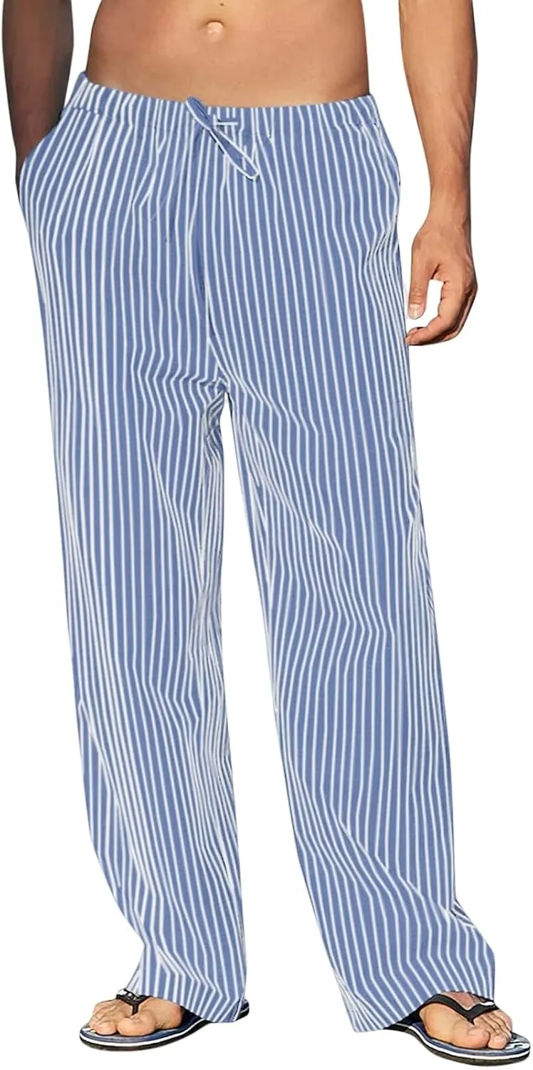 Mens Casual Linen Elastic Waist Drawstring Lightweight Loose Fit with Pockets Summer Beach Yoga Trouser Pants