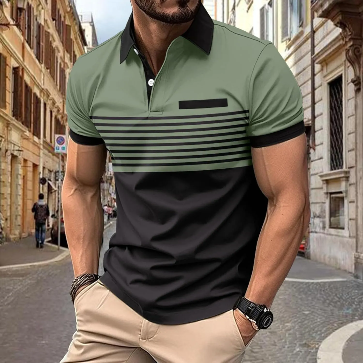 Men's Classic Collar Tshirts Strips Contrast Color Patchwork Pullover Summer Shirts Causal Short Sleeve