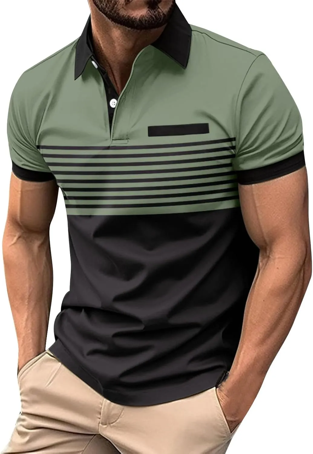 Men's Classic Collar Tshirts Strips Contrast Color Patchwork Pullover Summer Shirts Causal Short Sleeve