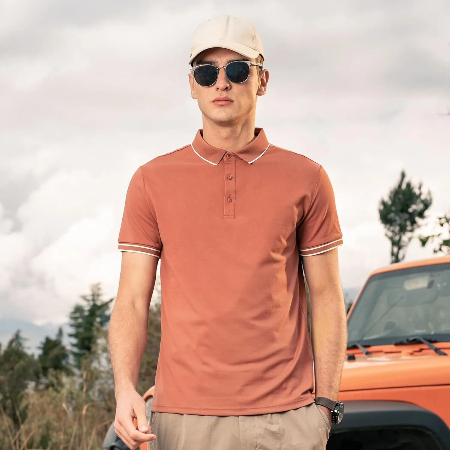 Men's Polo Shirts Casual Short Sleeve Button Down Shirts Classic Stripe Golf Polo Collared Work Shirts
