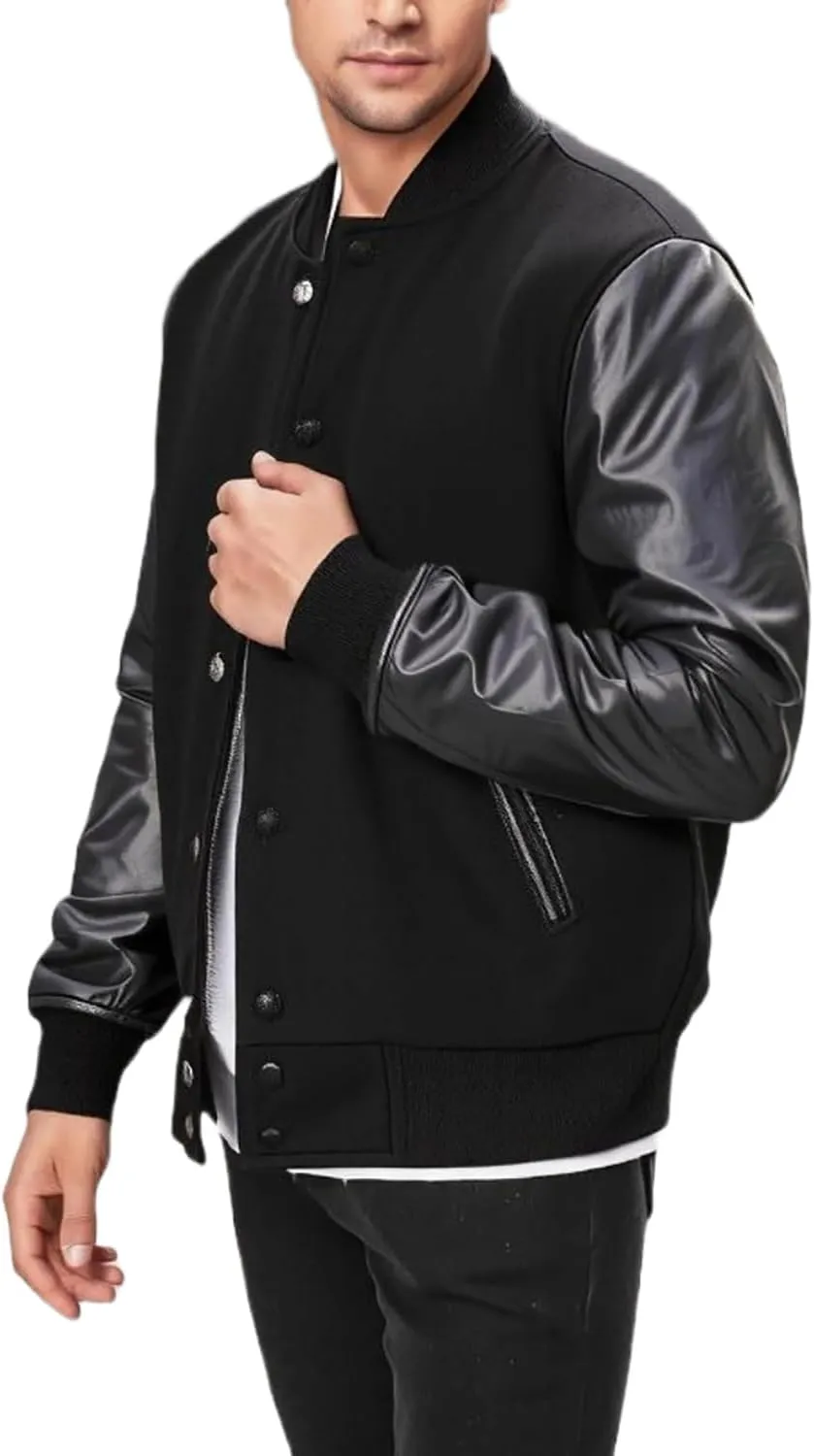 Men's Varsity Jacket Faux Leather Sleeve Wool Blend Letterman Jacket - High School Baseball Bomber Jackets for Men