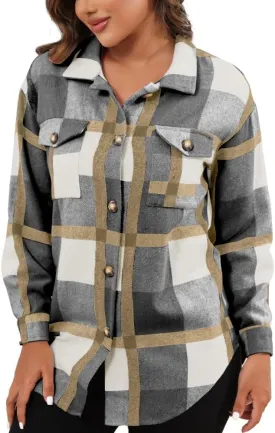 Nimsruc Flannel Shacket Women Fall Jackets Plaid Button Down Shirts