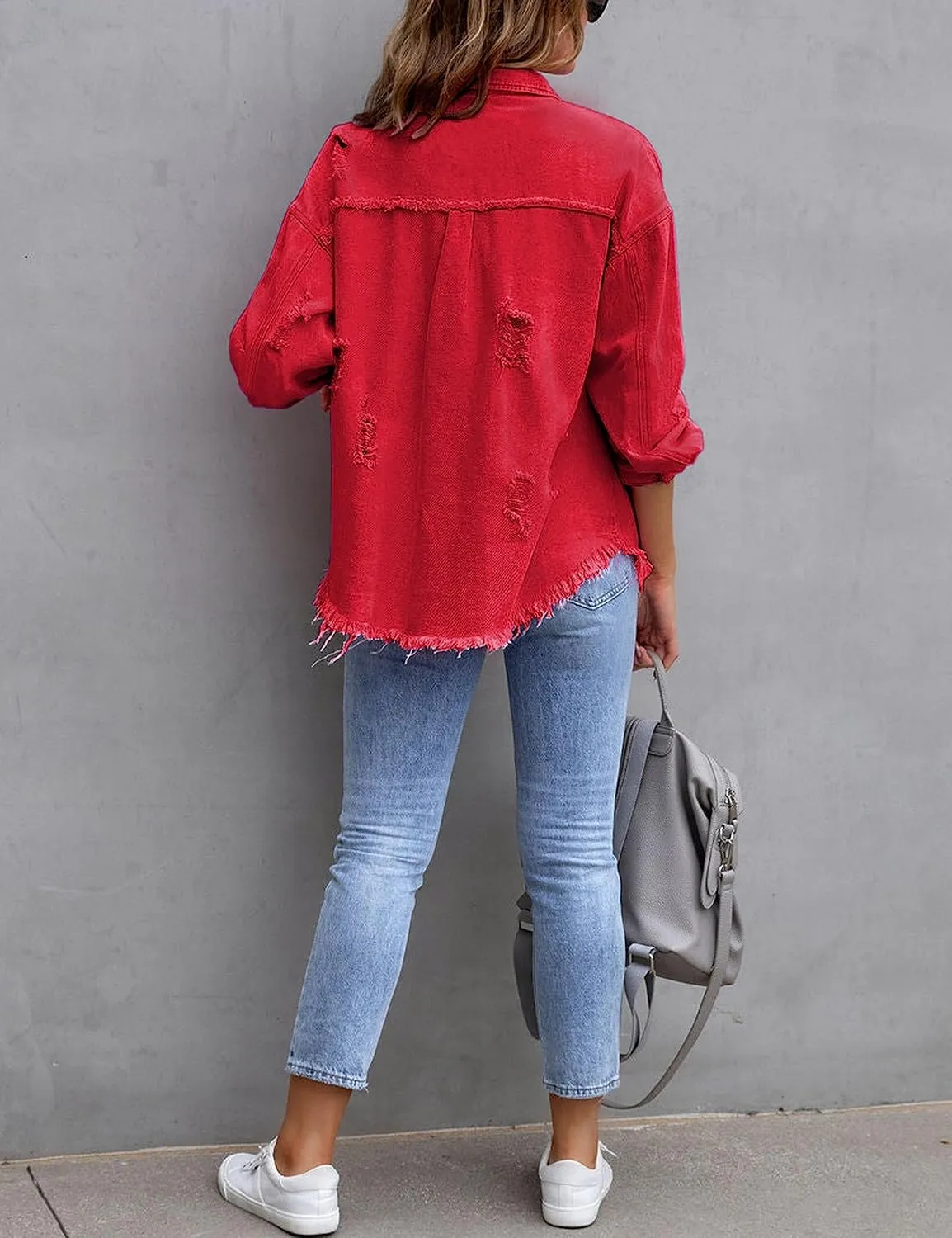 Omoone Women's Ripped Distressed Denim Jacket Casual Long Sleeve Boyfriend Jean Coat Basic Trucker Jackets