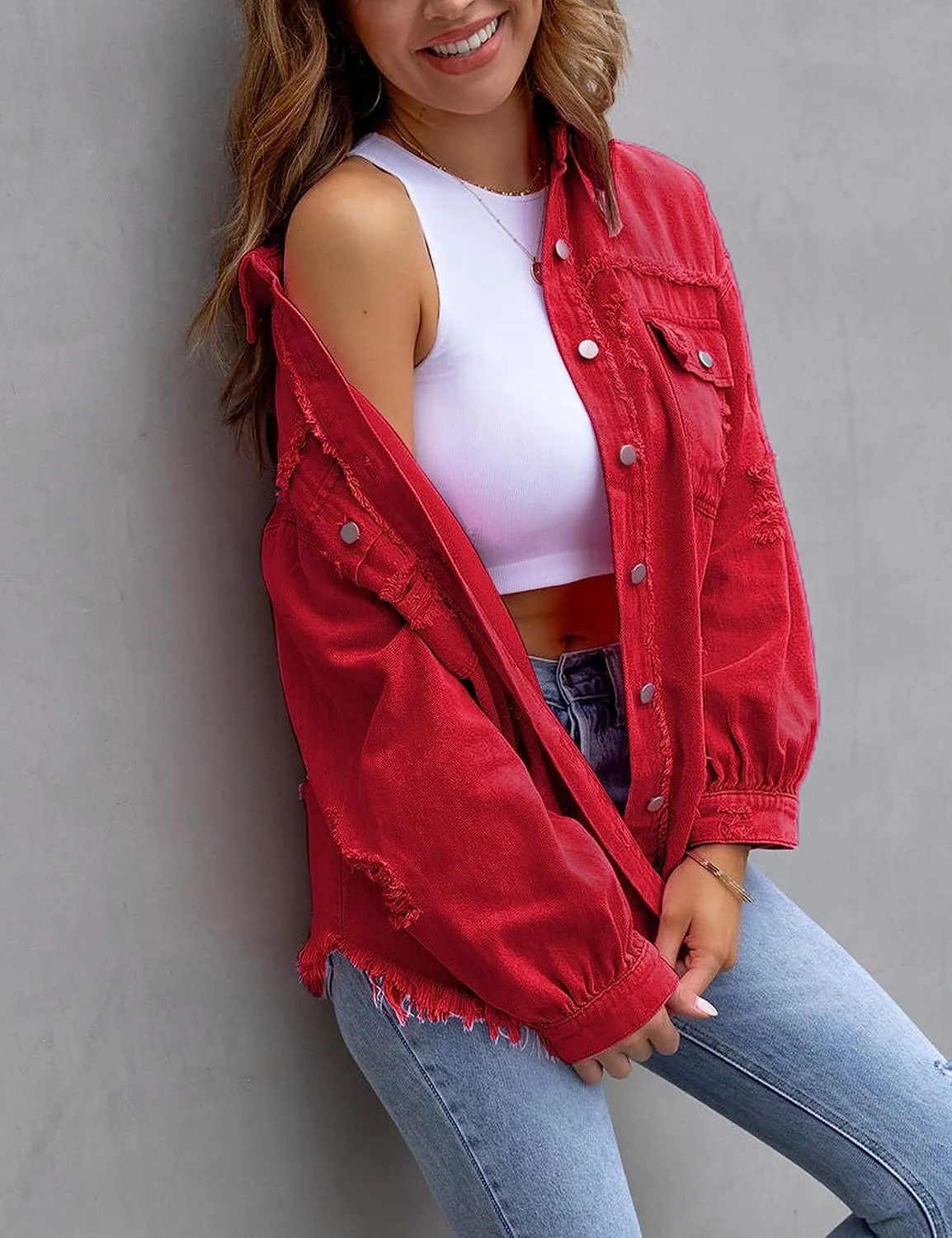 Omoone Women's Ripped Distressed Denim Jacket Casual Long Sleeve Boyfriend Jean Coat Basic Trucker Jackets