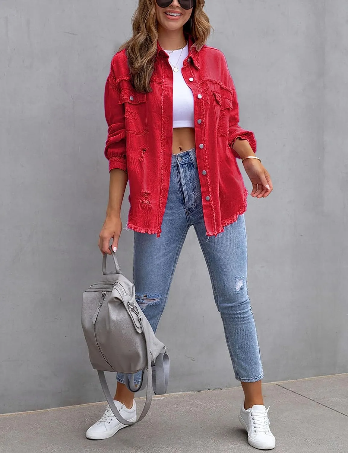Omoone Women's Ripped Distressed Denim Jacket Casual Long Sleeve Boyfriend Jean Coat Basic Trucker Jackets