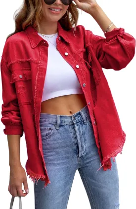 Omoone Women's Ripped Distressed Denim Jacket Casual Long Sleeve Boyfriend Jean Coat Basic Trucker Jackets