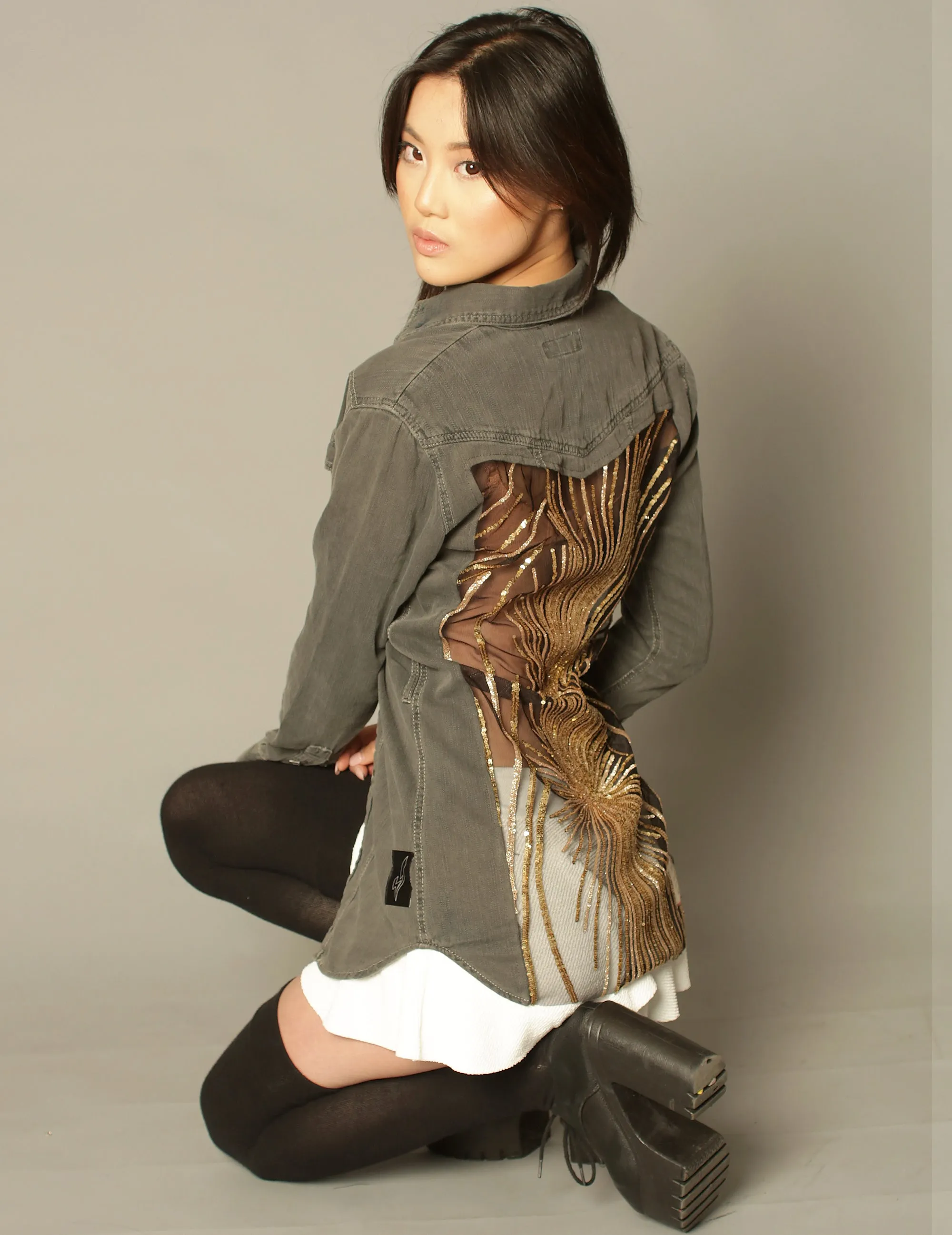 Party Back Shirt - Gold Art-Deco Sequin - Long Sleeve Denim