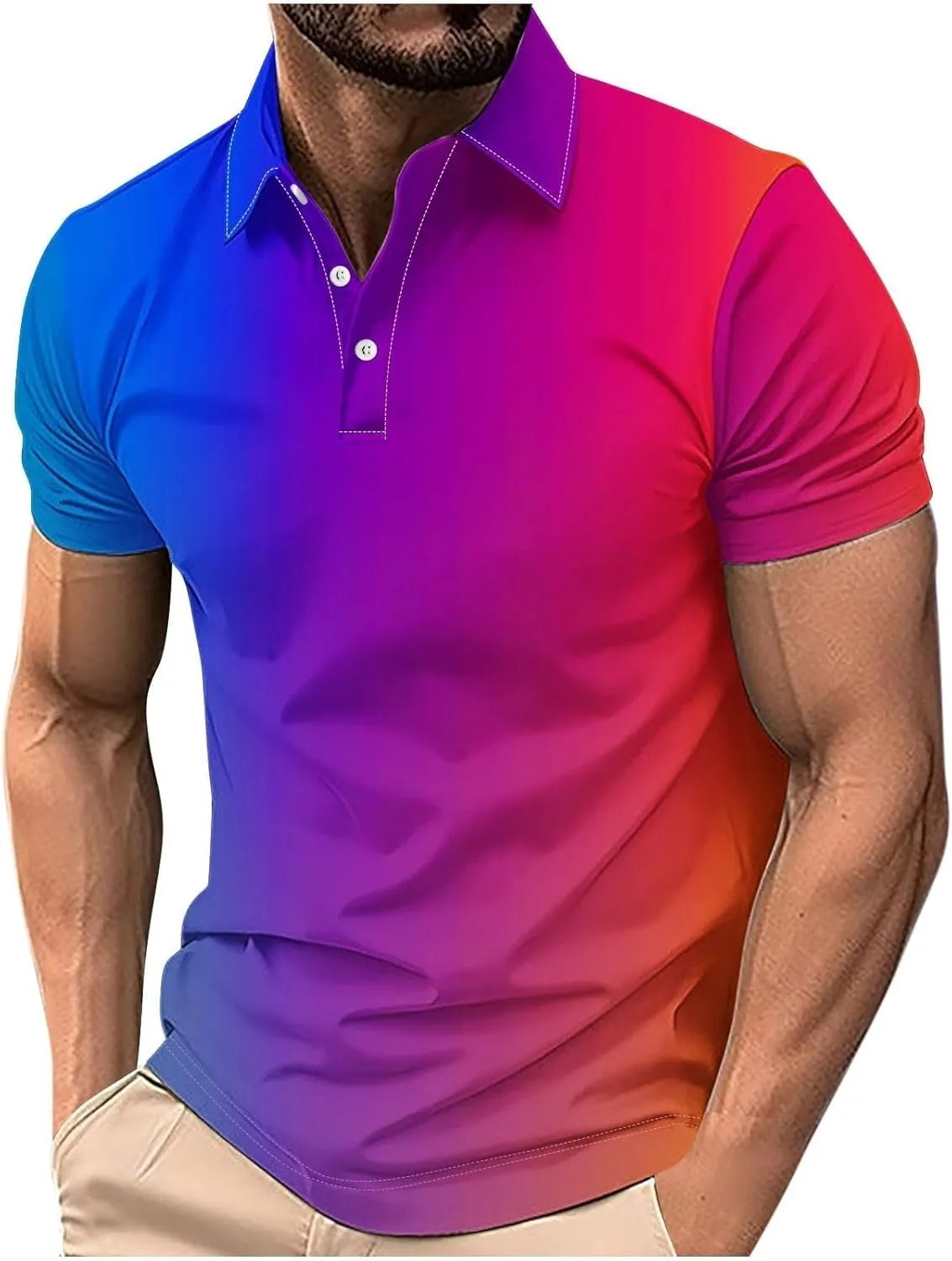 Polo Shirts for Men Short Sleeve Button Down Collar Gradient Tee Dressy Casual Business Work Tshirt Summer Golf Tops