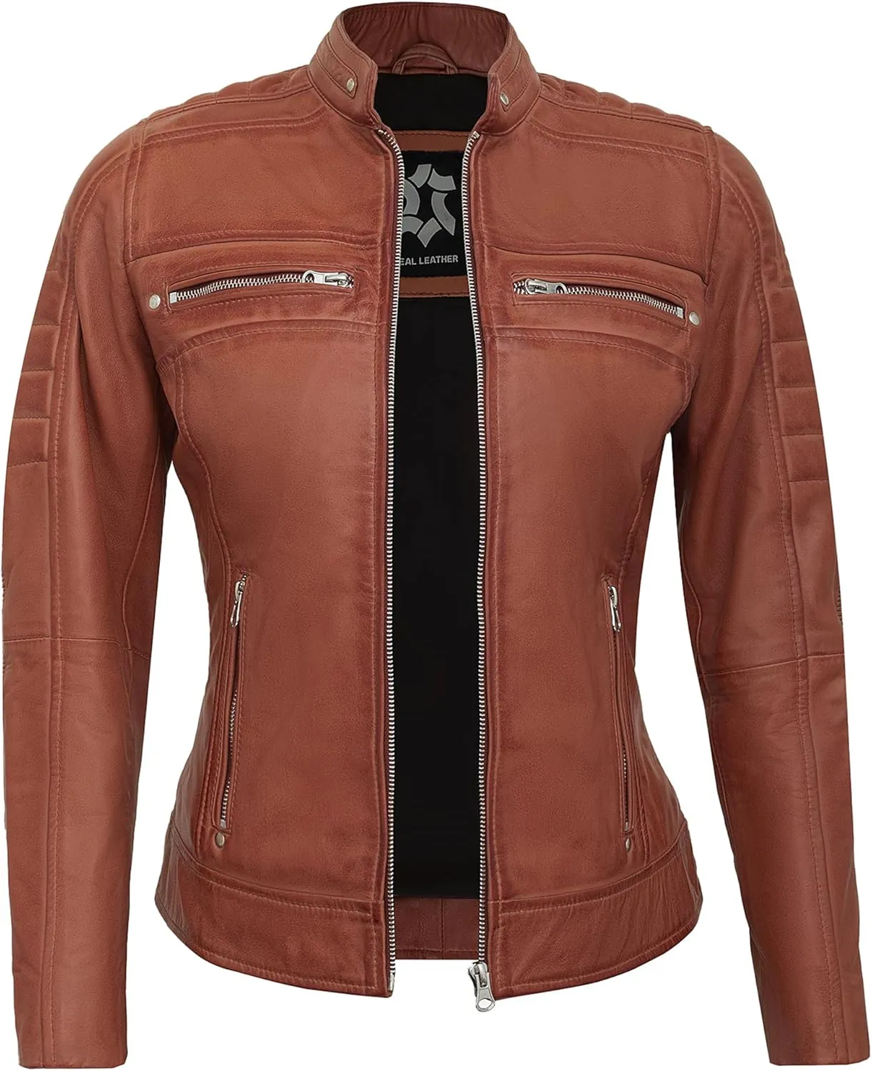 Real Lambskin Trendy Womens Leather Jackets Moto Biker Style Zip Up Motorcycle Jacket Women Outerwear With Pockets