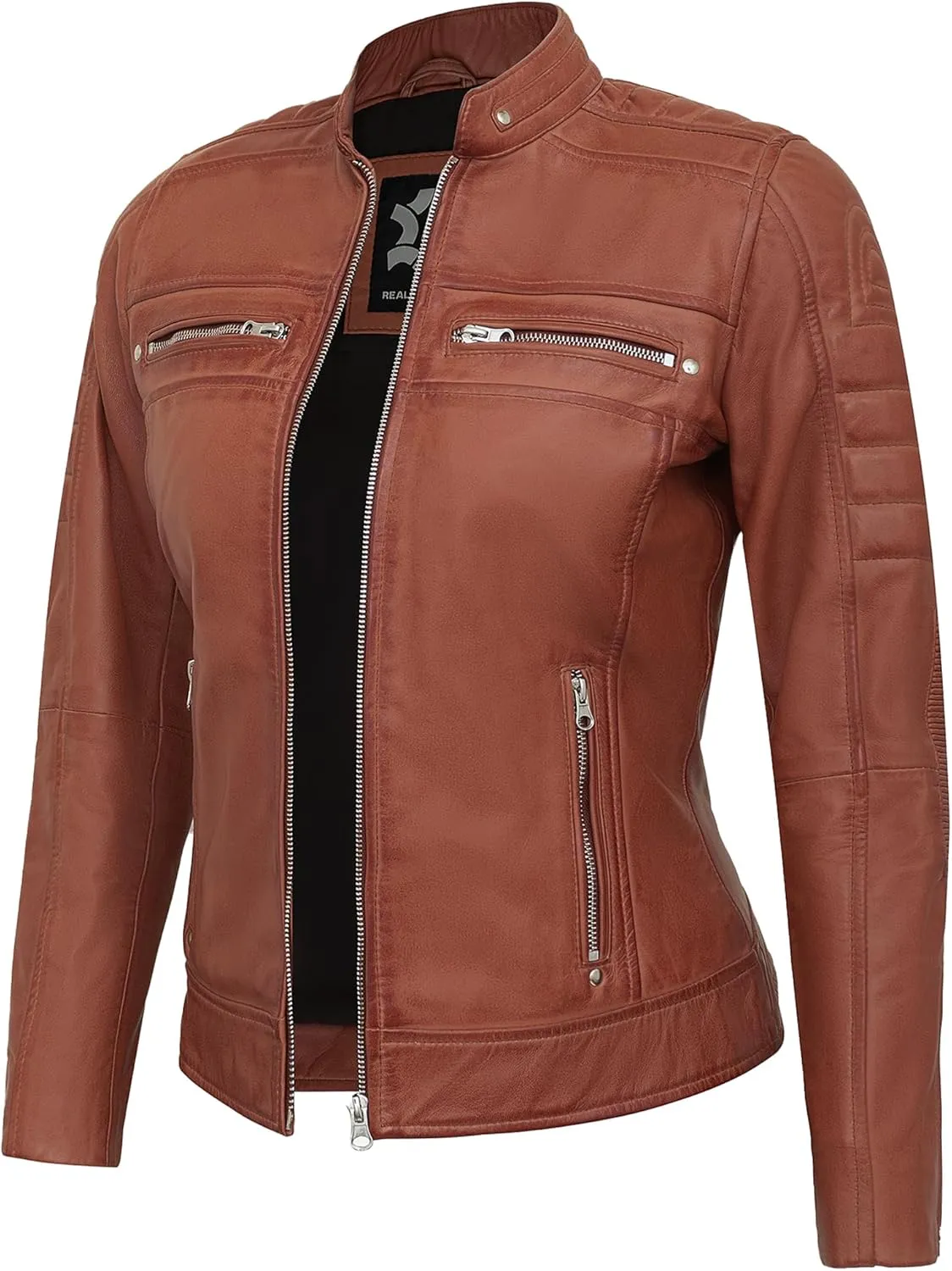 Real Lambskin Trendy Womens Leather Jackets Moto Biker Style Zip Up Motorcycle Jacket Women Outerwear With Pockets