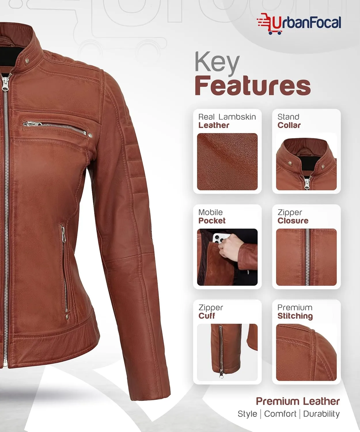 Real Lambskin Trendy Womens Leather Jackets Moto Biker Style Zip Up Motorcycle Jacket Women Outerwear With Pockets