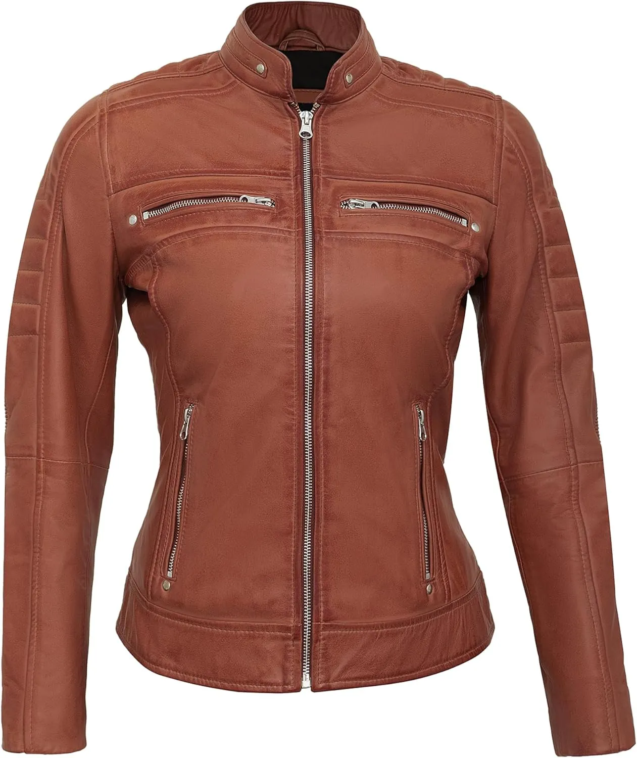 Real Lambskin Trendy Womens Leather Jackets Moto Biker Style Zip Up Motorcycle Jacket Women Outerwear With Pockets
