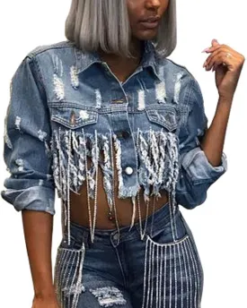 SeNight Women's Jean Jacket Long Sleeve Classic Distressed Fray Hem Tassels Denim Trucker Jackets