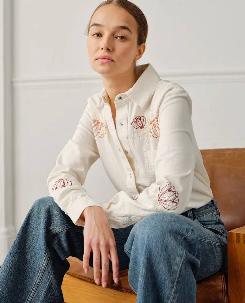Seventy Mochi Flor Ray Ecru Embroidered Shirt