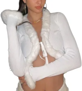 Sexy Women Long Sleeve Tie-up Cardigan Deep V Solid Crop Tops Fur Trim Fashion Knitted Sweaters