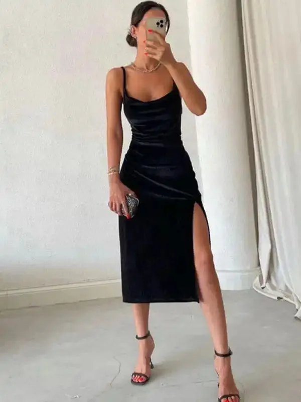 Slim fit slit velvet suspender party dress