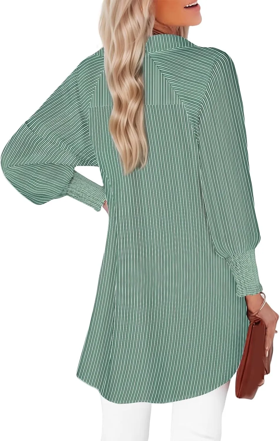 Striped Button Down Shirts for Women Dress Shirt Long Sleeve Smocked Cuffed Oversized Boyfriend Blouse Work Casual Top