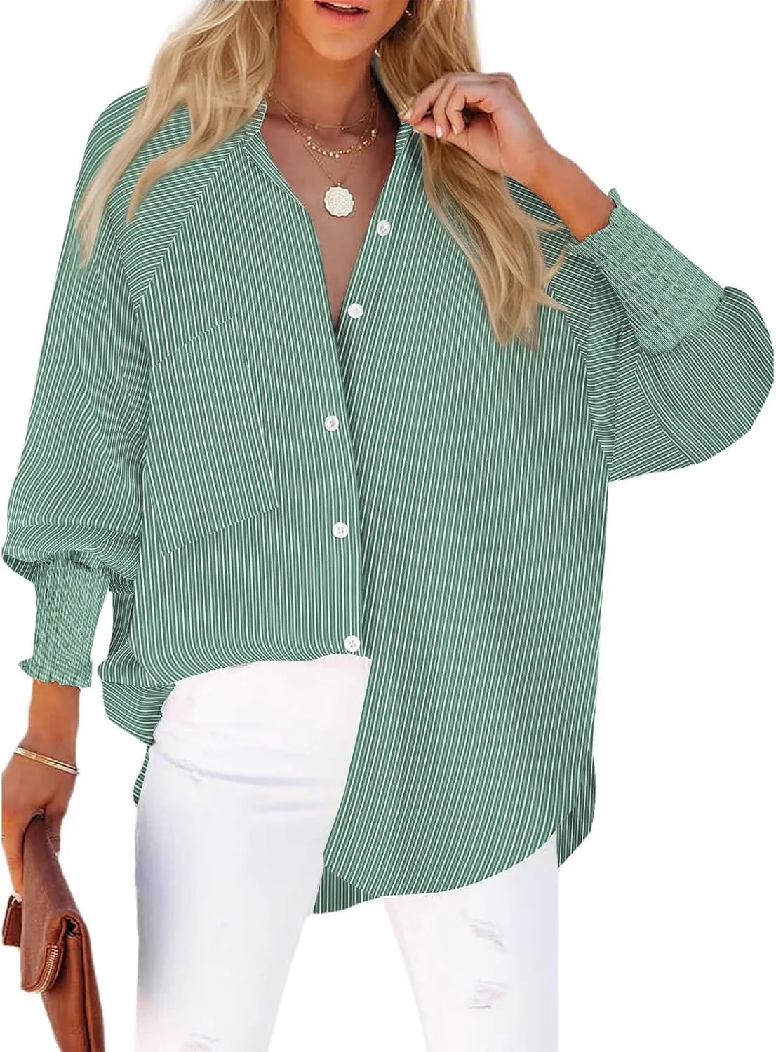 Striped Button Down Shirts for Women Dress Shirt Long Sleeve Smocked Cuffed Oversized Boyfriend Blouse Work Casual Top