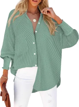 Striped Button Down Shirts for Women Dress Shirt Long Sleeve Smocked Cuffed Oversized Boyfriend Blouse Work Casual Top