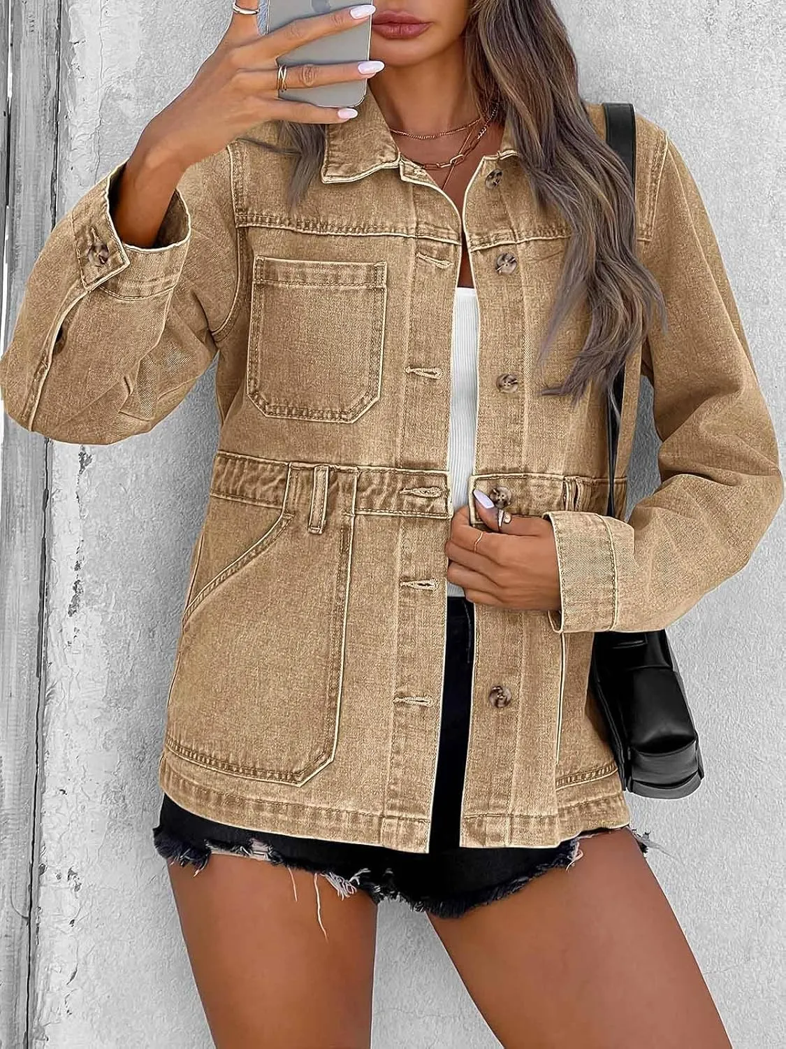 Tankaneo Womens Oversized Denim Jacket Distressed Button Down Boyfriend Jean Jackets 2025 Trendy Shacket