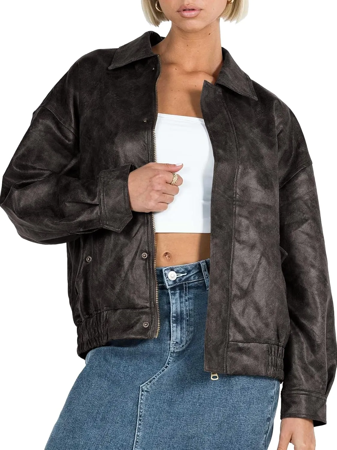 Tankaneo Womens Oversized Leather Jackets Trendy Zip up Bomber Motorcycle Coat 2025 Going out Outfits