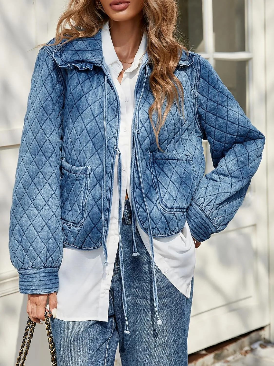 Tankaneo Womens Quilted Denim Puffer Jackets Tie Front Bow Cropped Puffy Jackets Fall Cute Short Jeans Coat