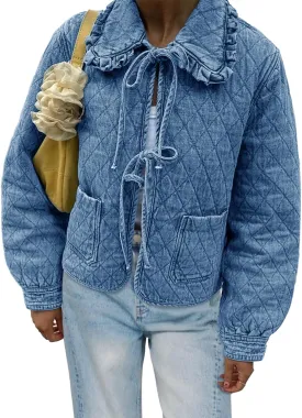 Tankaneo Womens Quilted Denim Puffer Jackets Tie Front Bow Cropped Puffy Jackets Fall Cute Short Jeans Coat