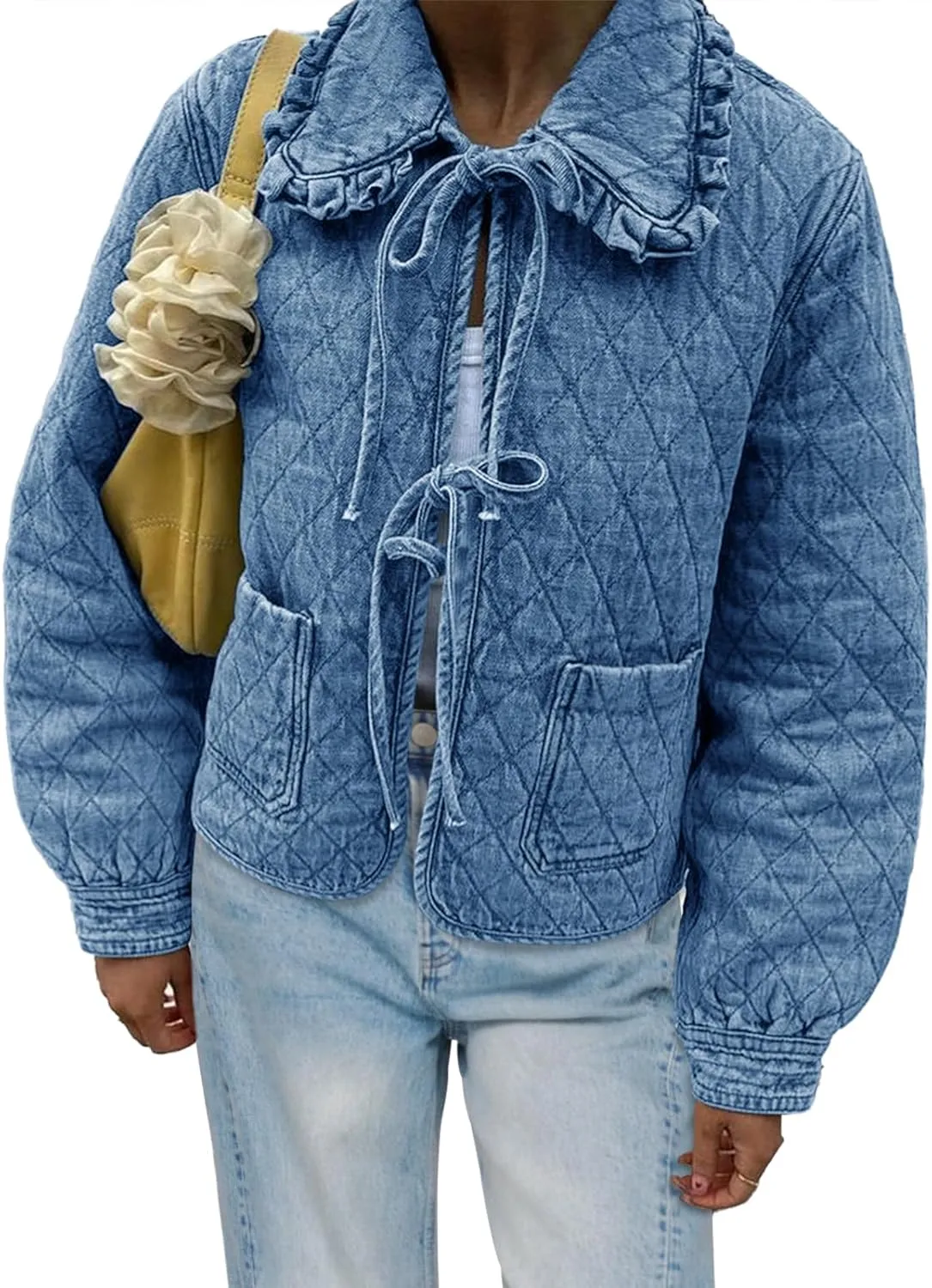 Tankaneo Womens Quilted Denim Puffer Jackets Tie Front Bow Cropped Puffy Jackets Fall Cute Short Jeans Coat