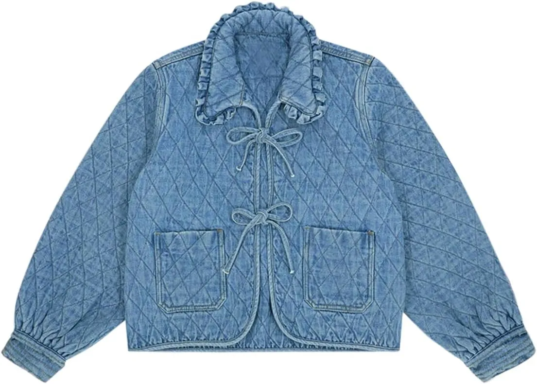 Tankaneo Womens Quilted Denim Puffer Jackets Tie Front Bow Cropped Puffy Jackets Fall Cute Short Jeans Coat