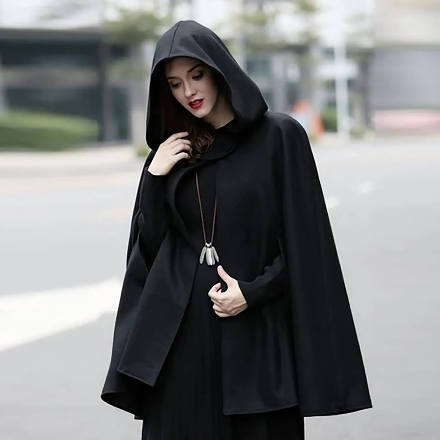tuduoms Women's Vintage Trench Cape Wool Blend Hooded Coat Poncho Halloween Witch Cosplay Costumes Hooded Cape Short Cloak