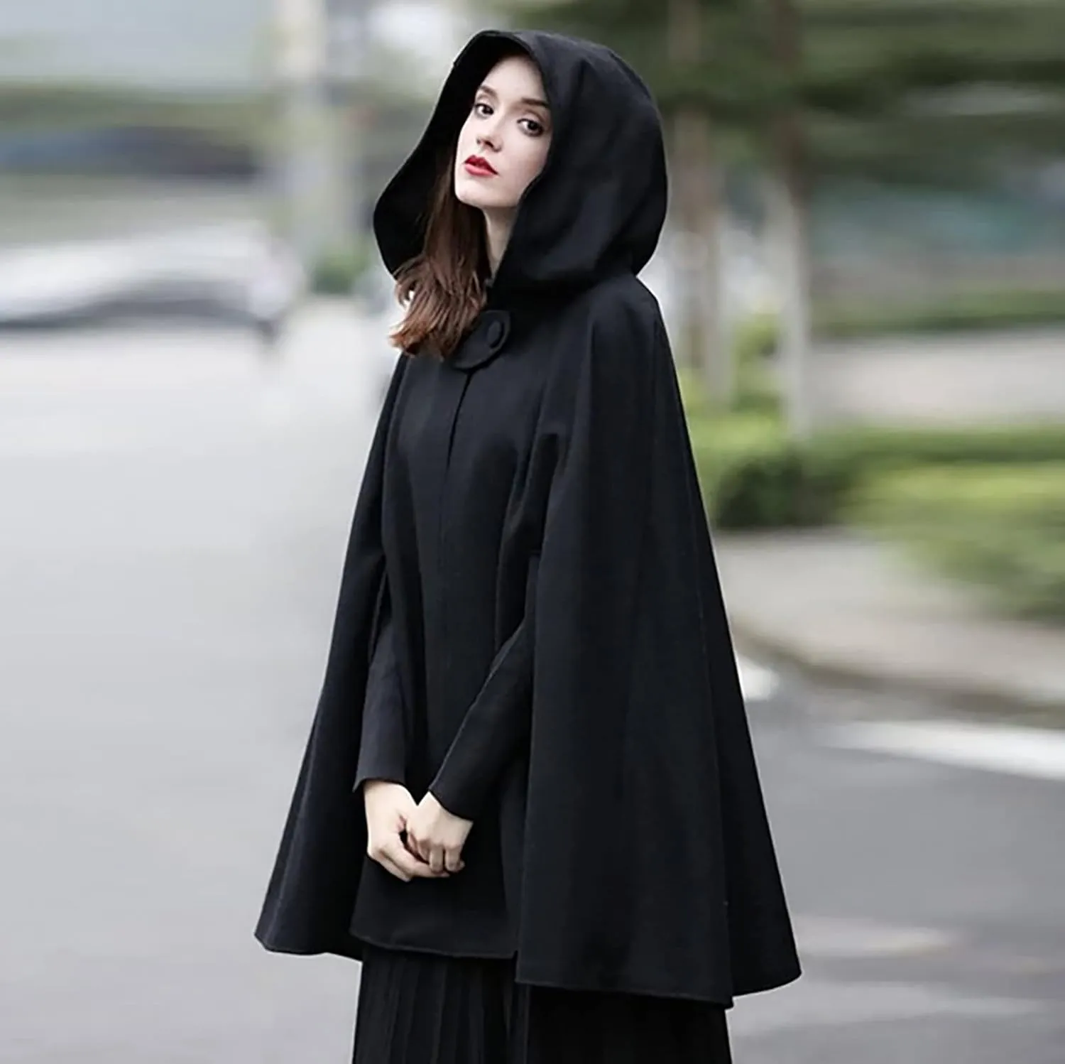 tuduoms Women's Vintage Trench Cape Wool Blend Hooded Coat Poncho Halloween Witch Cosplay Costumes Hooded Cape Short Cloak
