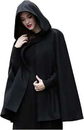 tuduoms Women's Vintage Trench Cape Wool Blend Hooded Coat Poncho Halloween Witch Cosplay Costumes Hooded Cape Short Cloak