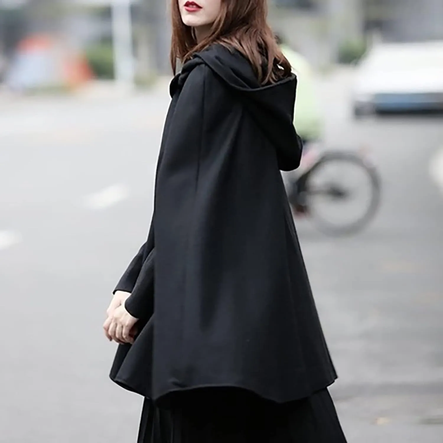tuduoms Women's Vintage Trench Cape Wool Blend Hooded Coat Poncho Halloween Witch Cosplay Costumes Hooded Cape Short Cloak