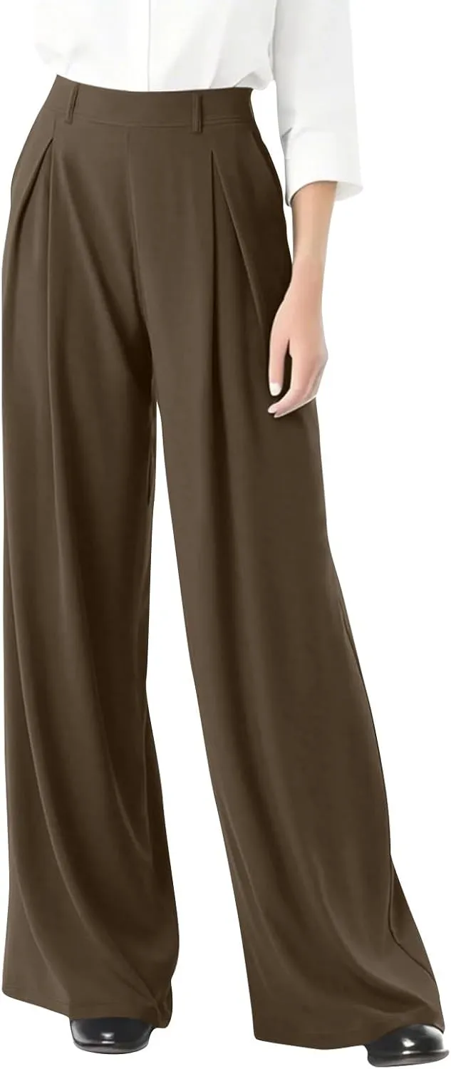 Wide Leg Pants for Women Pull On Flowy Palazzo Pants Lightweight Summer High Wasited Dress Pants with Pockets
