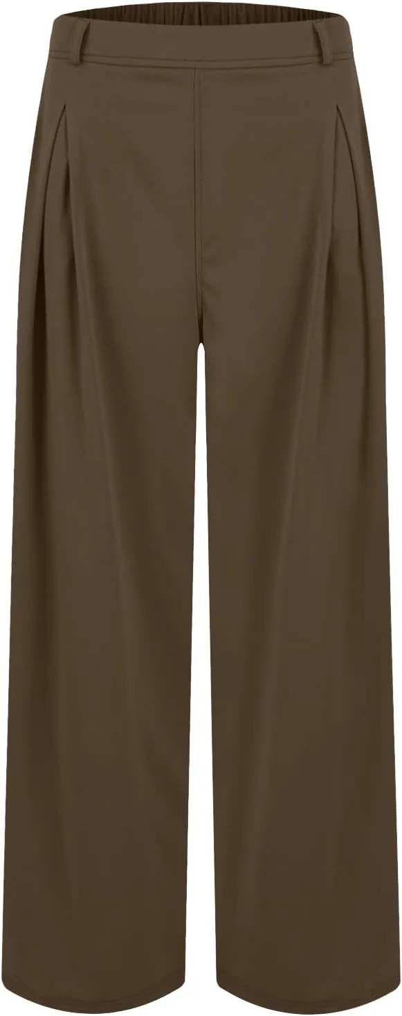 Wide Leg Pants for Women Pull On Flowy Palazzo Pants Lightweight Summer High Wasited Dress Pants with Pockets