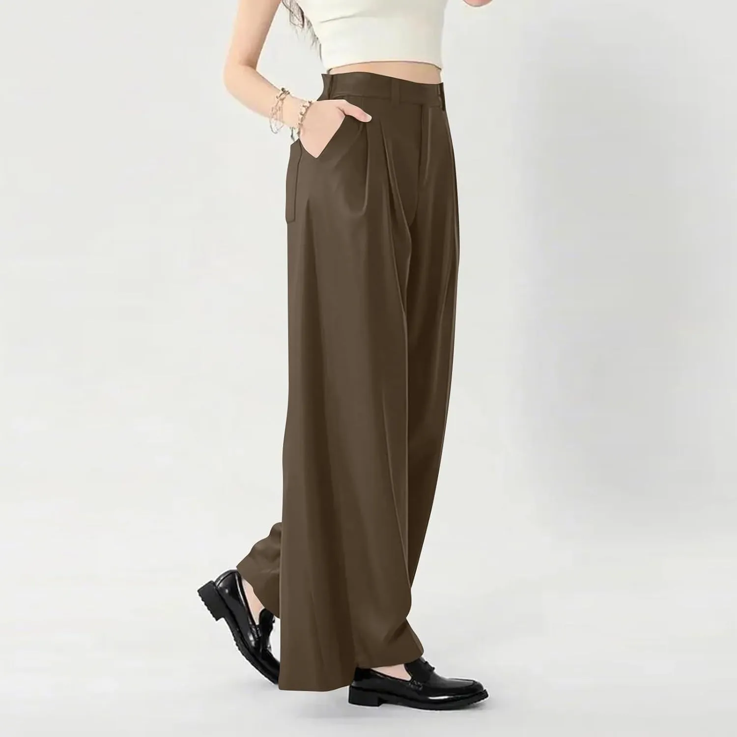 Wide Leg Pants for Women Pull On Flowy Palazzo Pants Lightweight Summer High Wasited Dress Pants with Pockets
