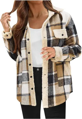 Women 2024 Hooded Flannel Jacket Warm Sherpa Shacket Fleece Lined Button Down Plaid Coat Trendy Fall Winter Outfits
