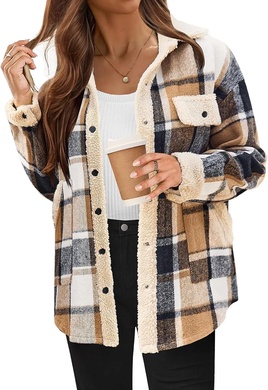 Women 2024 Hooded Flannel Jacket Warm Sherpa Shacket Fleece Lined Button Down Plaid Coat Trendy Fall Winter Outfits