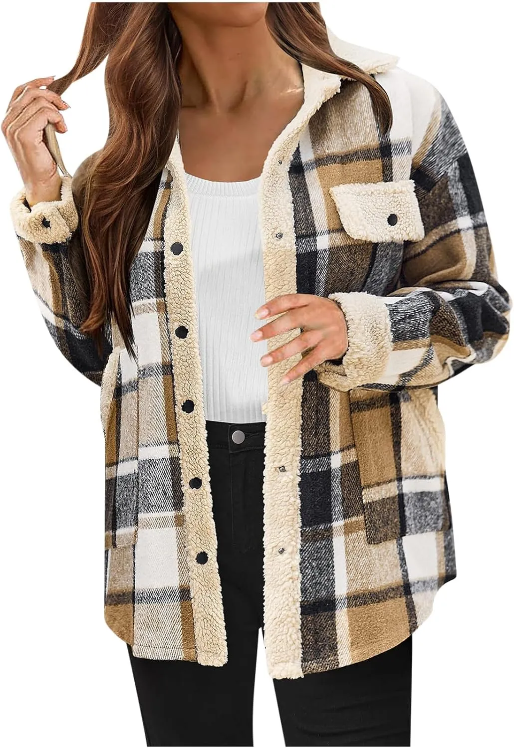 Women 2024 Hooded Flannel Jacket Warm Sherpa Shacket Fleece Lined Button Down Plaid Coat Trendy Fall Winter Outfits