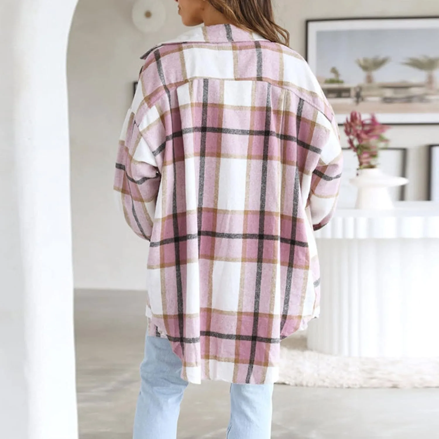 Women's Button Down Flannel Shirts Plaid Shacket Long Sleeve Buffalo Plaid Collared Long Jacket Cardigan Coats