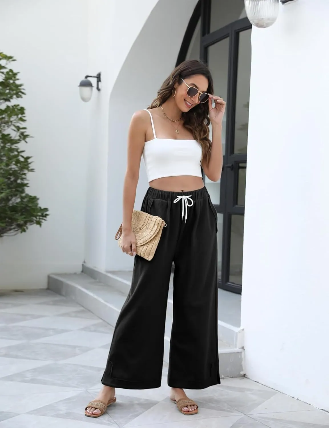 Womens Linen Palazzo Pants Summer Flowy Wide Leg Slit Drawstring Casual Trousers with Pockets Beach Vacation Outfits