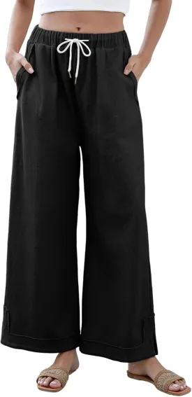 Womens Linen Palazzo Pants Summer Flowy Wide Leg Slit Drawstring Casual Trousers with Pockets Beach Vacation Outfits
