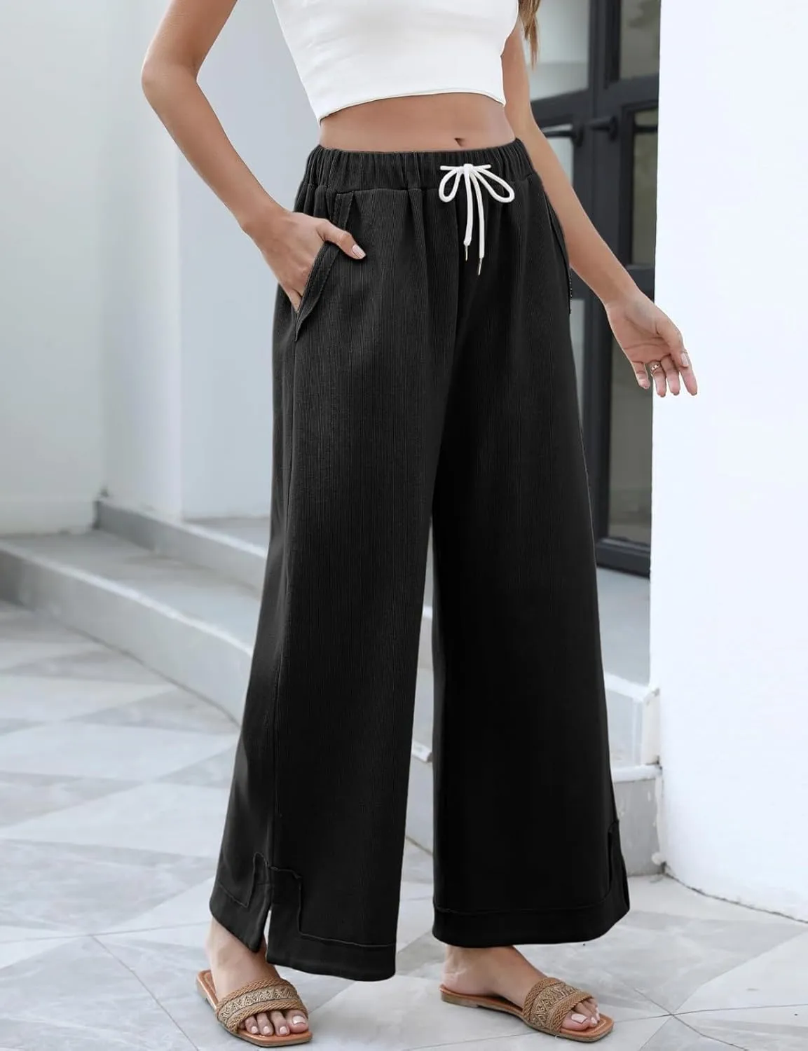Womens Linen Palazzo Pants Summer Flowy Wide Leg Slit Drawstring Casual Trousers with Pockets Beach Vacation Outfits