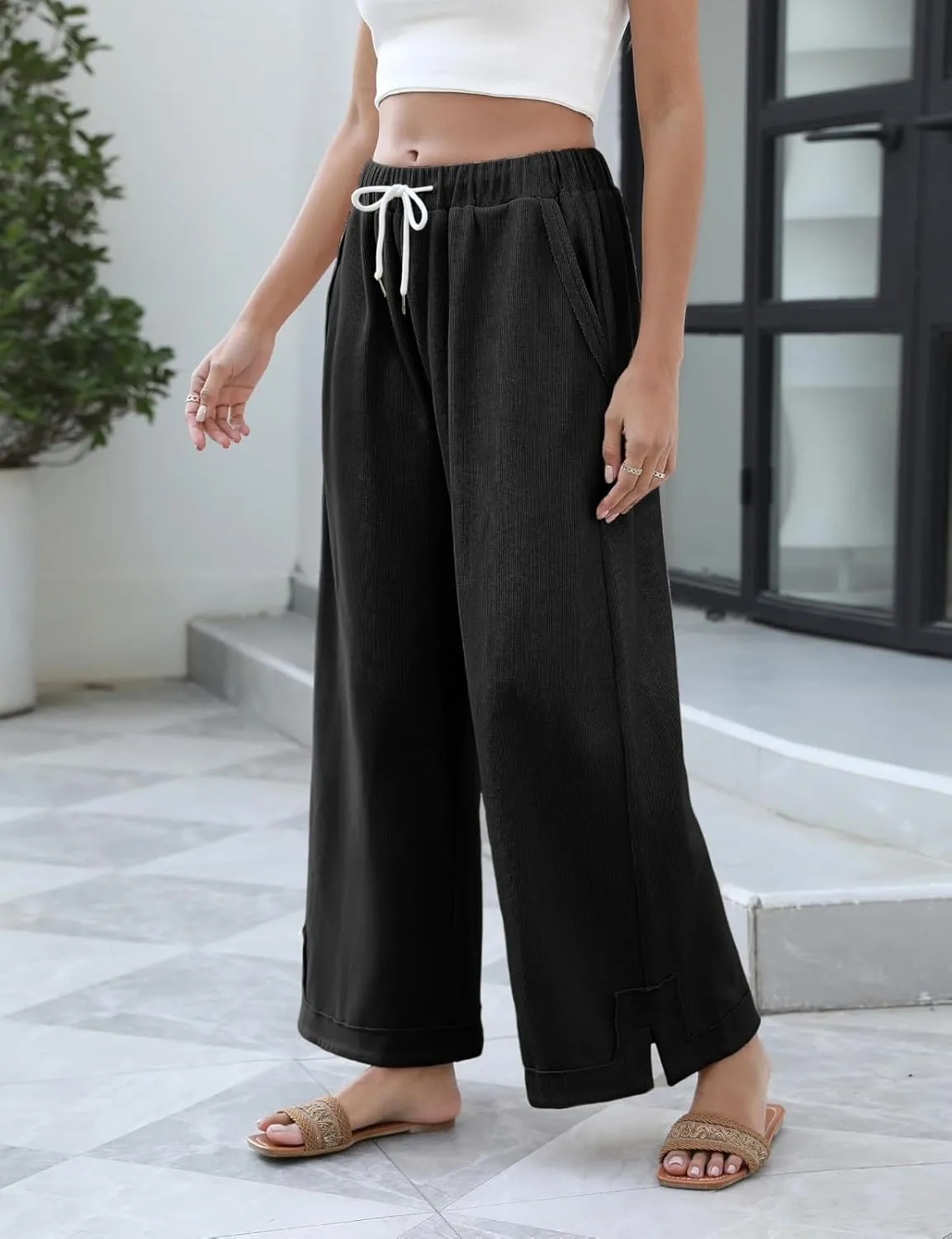 Womens Linen Palazzo Pants Summer Flowy Wide Leg Slit Drawstring Casual Trousers with Pockets Beach Vacation Outfits