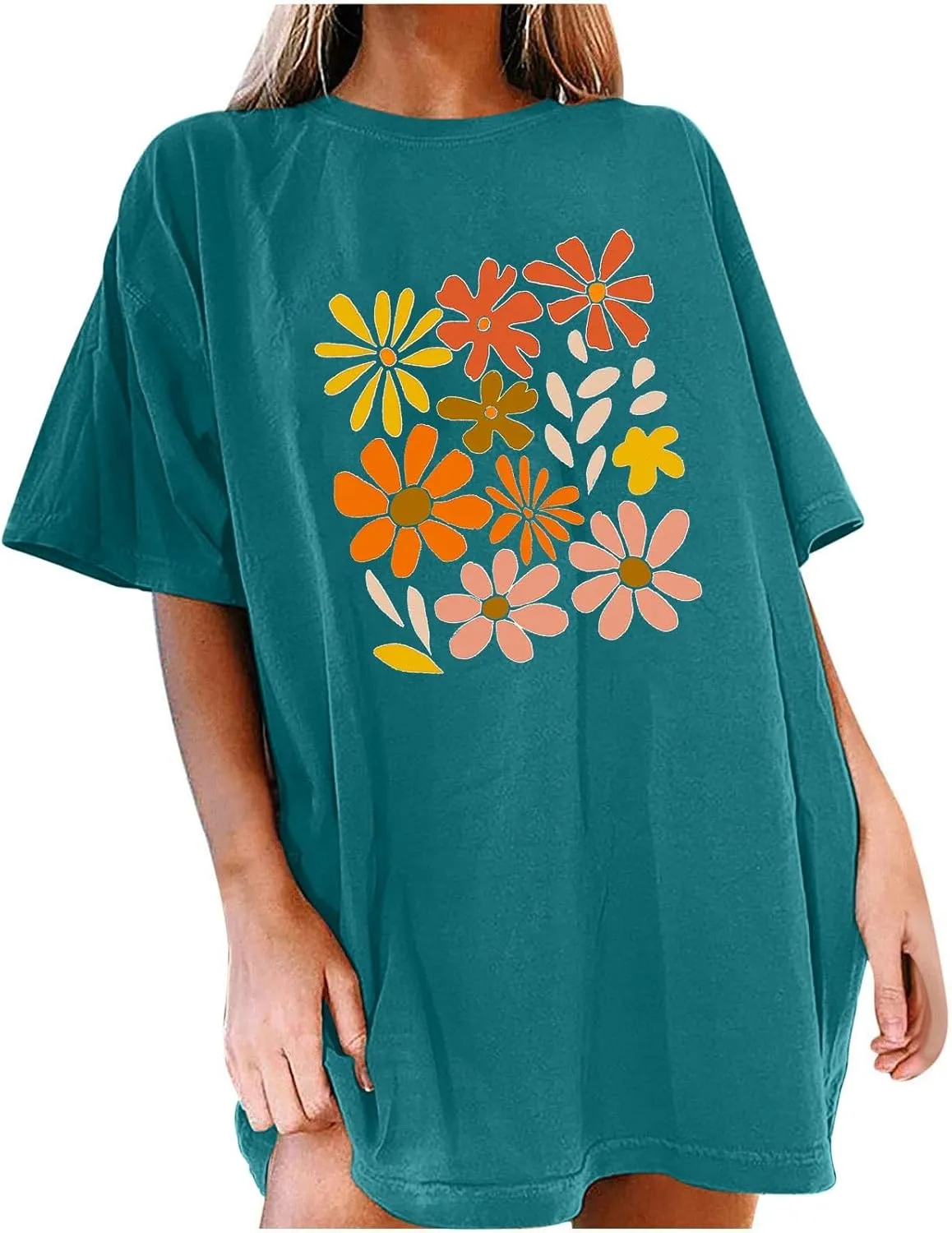 Women's Oversized T Shirts Summer Fashion Floral Print Short Sleeve Tops Casual Crewneck Loose Tees
