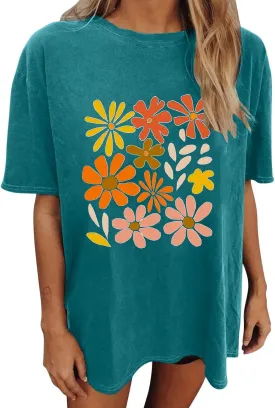 Women's Oversized T Shirts Summer Fashion Floral Print Short Sleeve Tops Casual Crewneck Loose Tees
