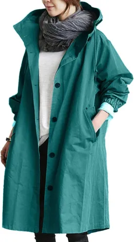 Women's Rain Jacket Button Waterproof Windbreaker Outdoor Trench Coat, S-5XL